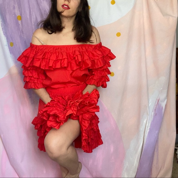 VINTAGE Red Ruffle Square-dancing 2 Piece Set - Picture 6 of 9